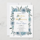 Stoffige blauwe bloemen jongen doop en 1e verjaard kaart (Voorkant)