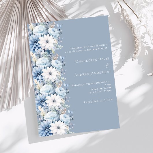 Stoffige blauwe bloemen luxe bruiloft kaart