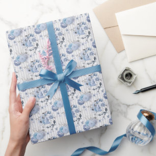 Stoffige Blauwe Bloemen & Strepen - Inpakpapierrol Cadeaupapier