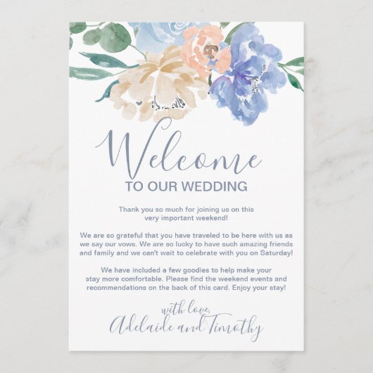 Stoffige Blauwe Bloemen Welkomstbrief & Reisplan Programma (Voorkant)