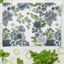 Stoffige blauwe bloemenkeukenhanddoek