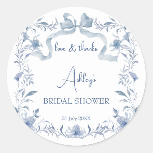 Stoffige blauwe bloemenlint bruidsfeest favoriet ronde sticker