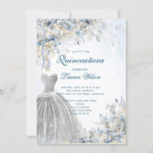 stoffige blauwe bloemenquinceañera uitnodiging