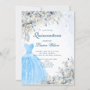 stoffige blauwe bloemenquinceañera uitnodiging
