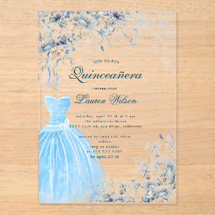 stoffige blauwe bloemenquinceañera uitnodiging acryl uitnodigingen