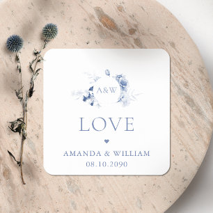 Stoffige Blauwe Bloemige Liefde Trouwsticker met N Vierkante Sticker