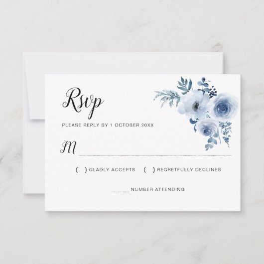 stoffige blauwe bruiloft bloemen RSVP kaart (Voorkant)