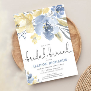 Stoffige blauwe en gele bloemen bruids brunch douc kaart