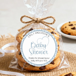 Stoffige blauwe geruite baby shower favor sticker