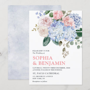 Stoffige blauwe hortensia's pastelroze rozen bruil kaart