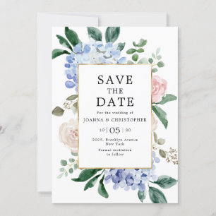 Stoffige blauwe hortensia's pastelroze rozen bruil save the date