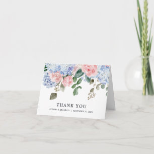 Stoffige blauwe hortensia's rozen huwelijksverjaar bedankkaart