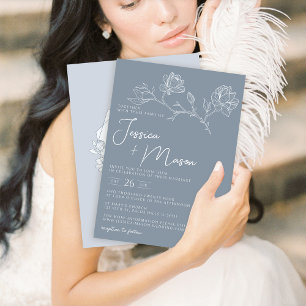 Stoffige blauwe magnolia minimalistische bruiloft  kaart