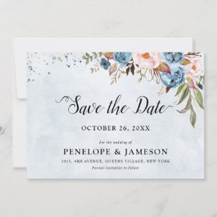 Stoffige Blauwe Perzik Bloesem Botanische Bloemige Save The Date