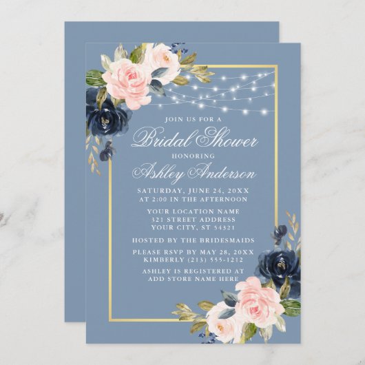 Stoffige Blauwe Roze Bloem Slingerlichten Bruidsdo Kaart (Voorkant / Achterkant)