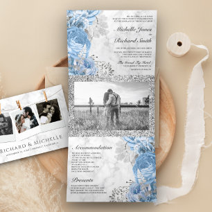 Stoffige Blauwe Rozen Bloemen Foto Witte Marmeren  Drieluik Uitnodiging