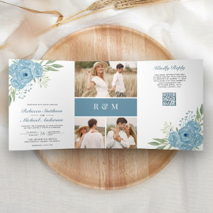 Stoffige Blauwe Rozen Foto Collage QR Code Trouwen Drieluik Uitnodiging