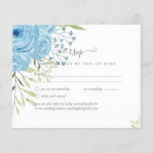 Stoffige Blauwe Rozen Lime Bladeren Trouwbudget (Voorkant)