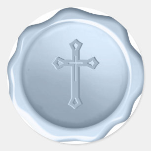 Stoffige blauwe waszegel kruis reliëf geborduurd r ronde sticker