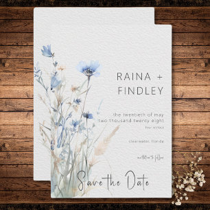 Stoffige Blauwe Weide Wilde Bloemen Moderne Trouwd Save The Date