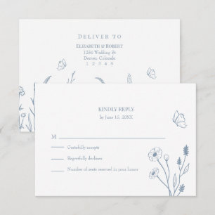 Stoffige Blauwe Wildbloemen en Butterfiles RSVP-ka Bedankkaart