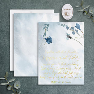 Stoffige Blauwe Wilde Bloem Folie Calligrafie Fijn Uitnodiging