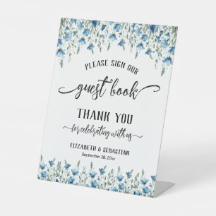 Stoffige Blauwe Wilde Bloemen Gelieve Ons Gastboek Reclamebord Met Voetstuk