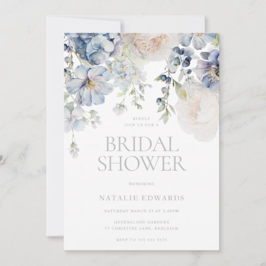 Stoffige blauwe & witte bloemige bruidsfeest kaart (Voorkant)