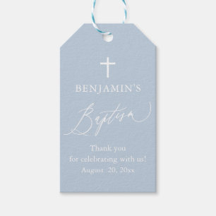 Stoffige blauwe witte kruis jongens doop favor tag cadeaulabel