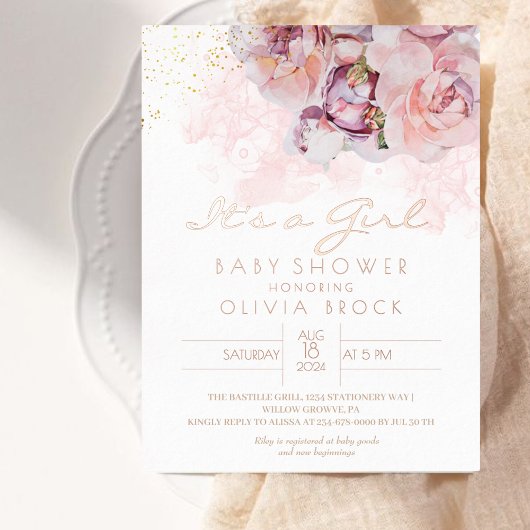 Stoffige Bloemen Goud Folie Moderne Baby Shower Ui Folie Uitnodiging Briefkaart