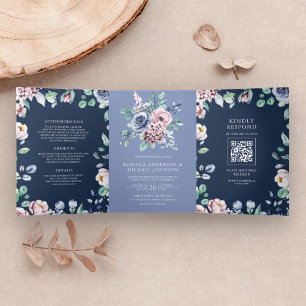 Stoffige Maagdenpalm Roze Bloemige Marine QR Code Drieluik Uitnodiging