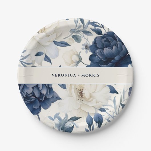 Stoffige marineblauw & wit bloemenbruiloft waterve papieren bordje (Voorkant)
