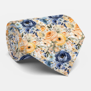 Stoffige marineblauwe en perzikrozen bloemen bloem stropdas