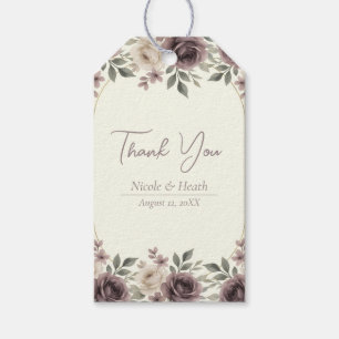 Stoffige mauve & ivoor bloem botanische trouwdag cadeaulabel