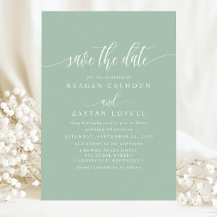 Stoffige Mint Elegante Calligrafie Bewaar de Datum Save The Date