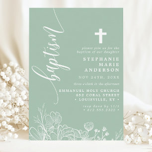 Stoffige Mint Witte Bloemige Elegante Script Doopf Kaart