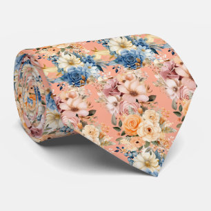 Stoffige Navy Blauwe en Perzik Roze Bloemen Bloemi Stropdas