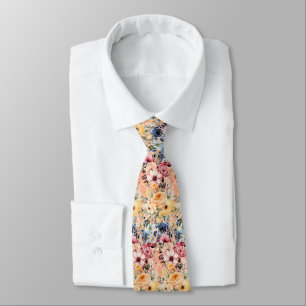 Stoffige Navy Blauwe en Perzik Roze Bloemen Bloemi Stropdas