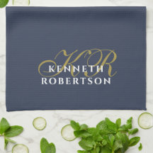 Stoffige Navy Blauwe Monogram Minimalistische Goud