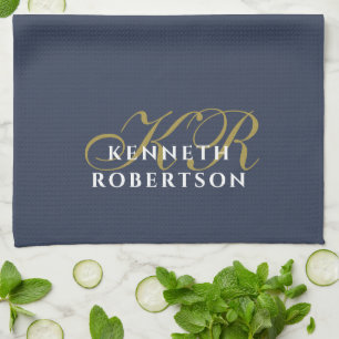 Stoffige Navy Blauwe Monogram Minimalistische Goud Theedoek