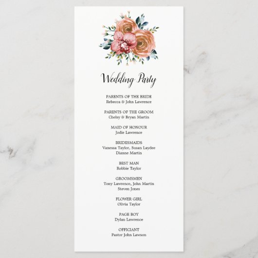 Stoffige Oranje Rozen Wijnorchideeën Trouwceremoni Programma (Achterkant)