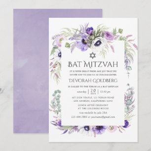Stoffige Paarse Aquarel Bloem Bat Mitzvah Kaart