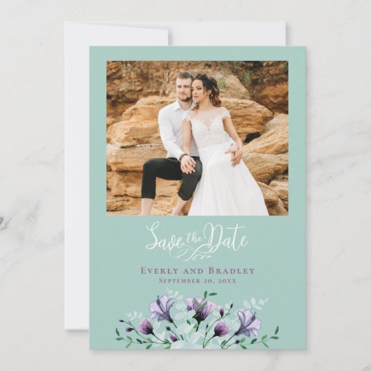 Stoffige Paarse Bloemen Groene QR Code Sla de Datu Kaart (Voorkant)