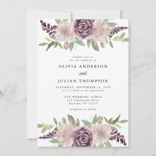 Stoffige Paarse Bloemen Waterverf Huwelijksuitnodi Kaart (Voorkant)