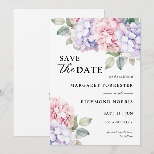 Stoffige Paarse & Blush Roze Hydrangea Save The Da Kaart (Voorkant / Achterkant)