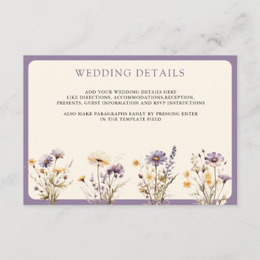 Stoffige Paarse Boho Wildflower bruiloft details Informatiekaartje (Voorkant)