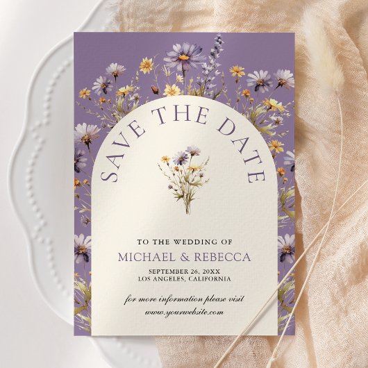 Stoffige Paarse Boho Wildflower bruiloft foto Save The Date