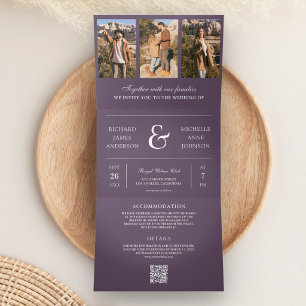 Stoffige Paarse Minimalistische Fotocollage QR Cod Drieluik Uitnodiging