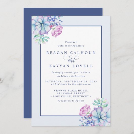 Stoffige Paarse succulente botanische bruiloft Kaart (Voorkant / Achterkant)