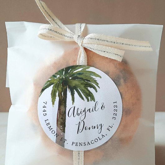 Stoffige palmen bruiloft | Verschuiving adres Ronde Sticker